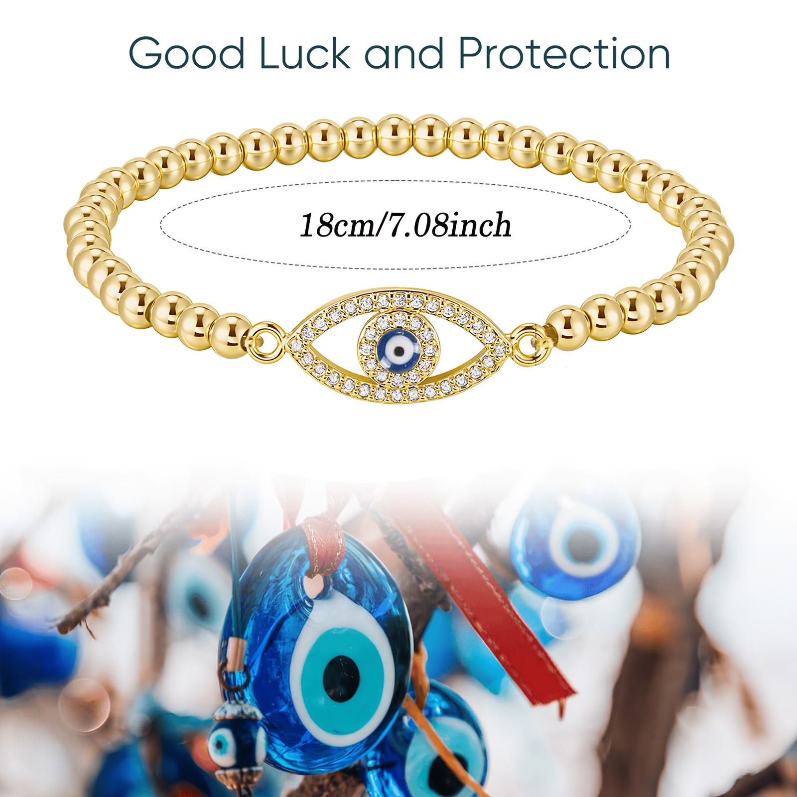 Unisex Evil Eye Golden Stretch Beaded Bracelet, Stackable Charm Gift